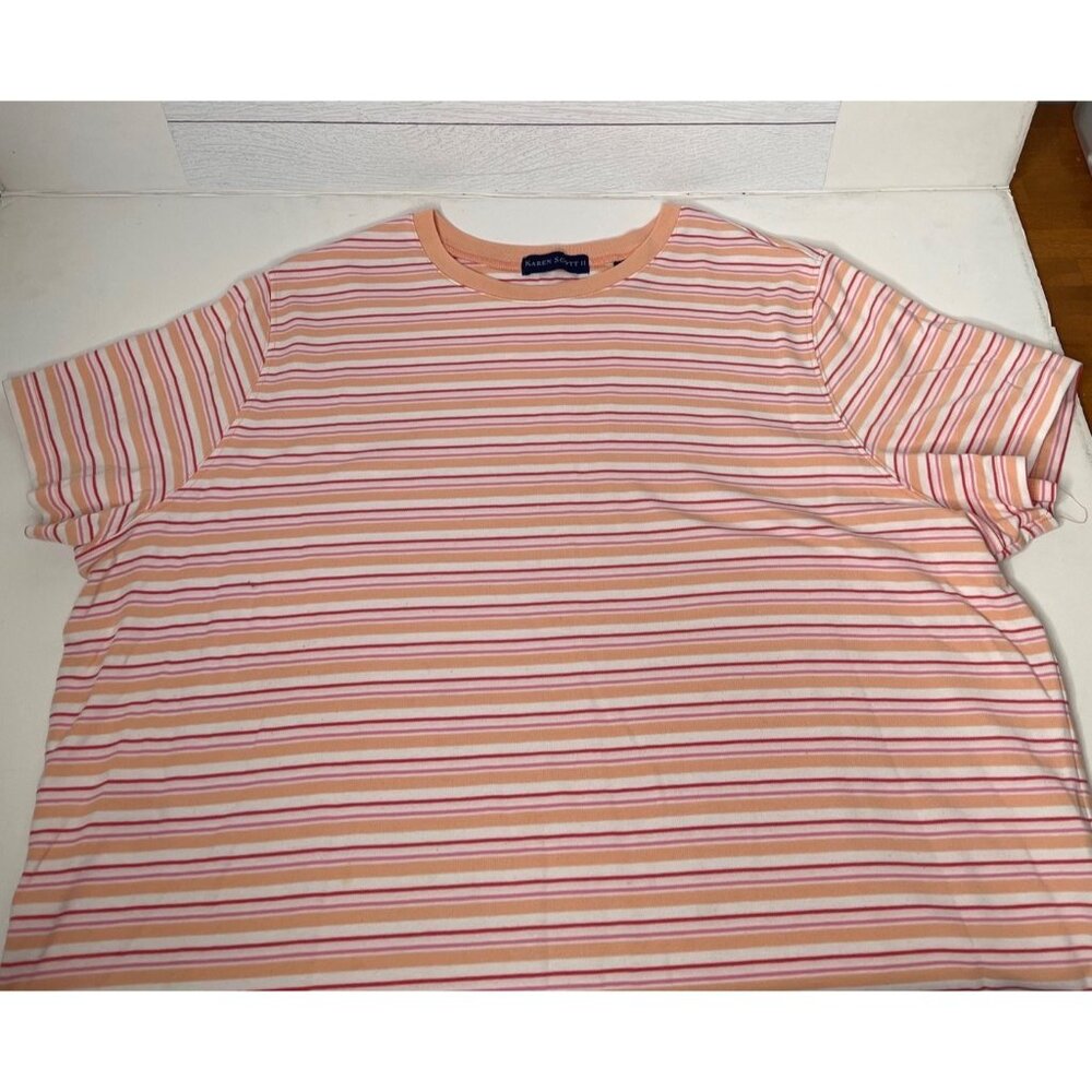 Karen Scott II Pink Orange White Striped Short Sleeve Crewneck Shirt Womens 1X